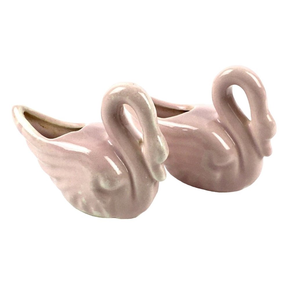 Vintage Pink Swan Figurine Small Ceramic Planter Lot of 2 80s Style Decor
